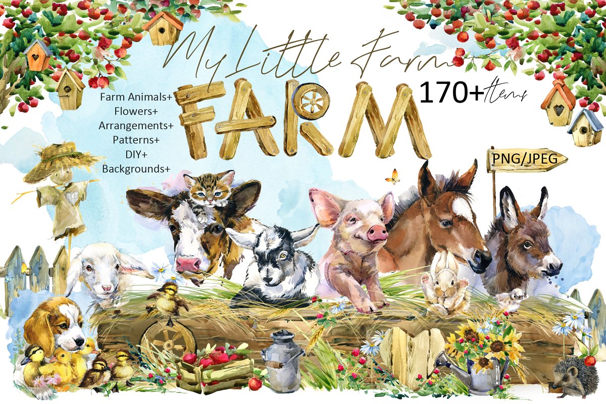 The main image preview of Watercolor Farm Pets Animals.