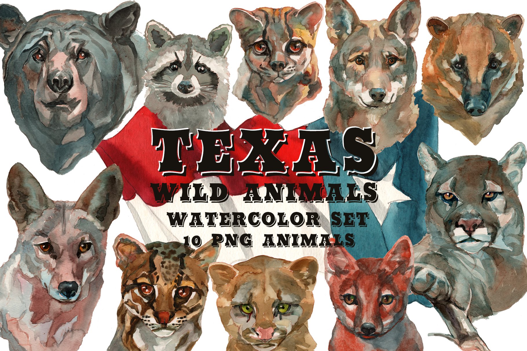 Texas Wild Animals Watercolor Set.