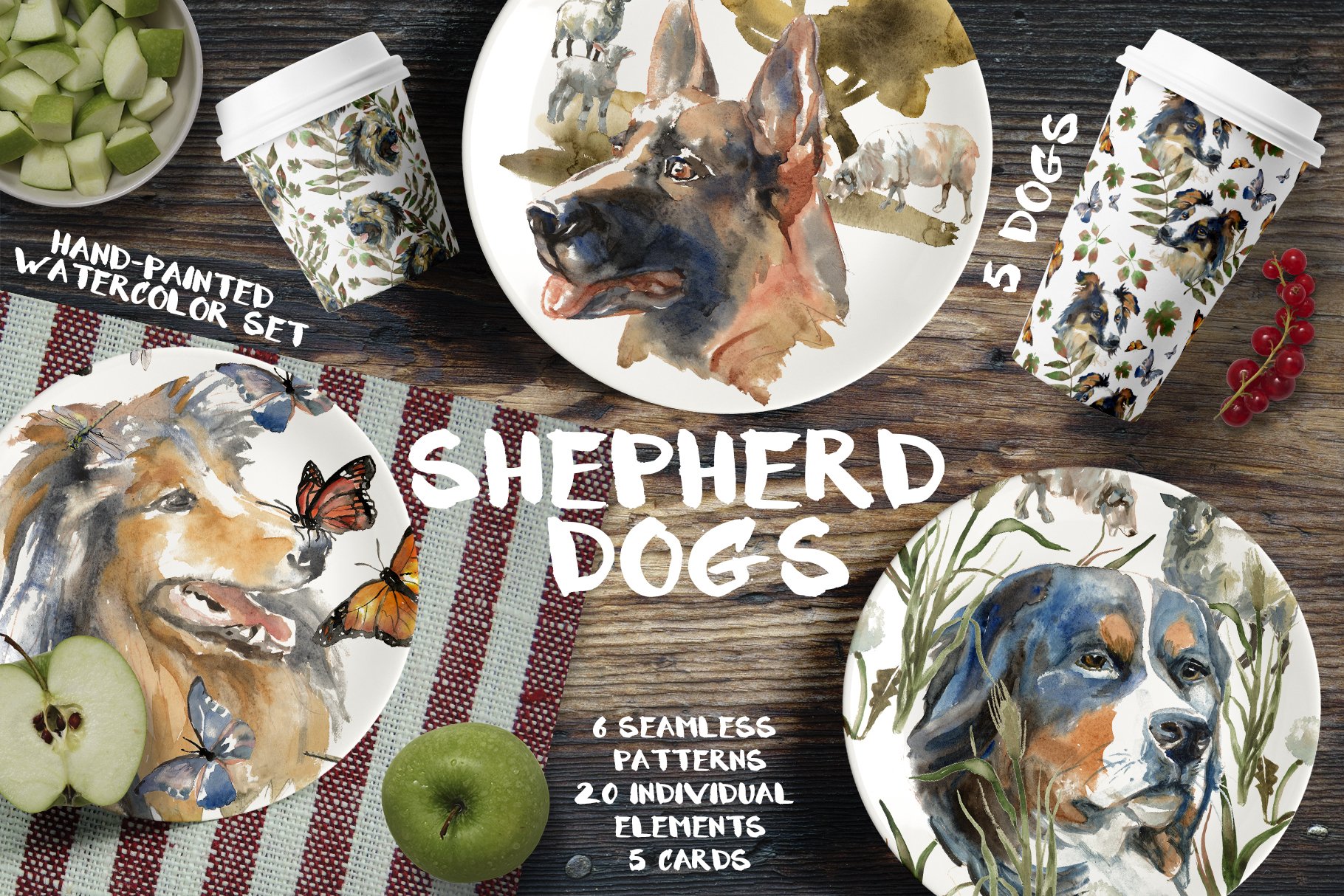 Shepherd Dogs Watercolor Set.