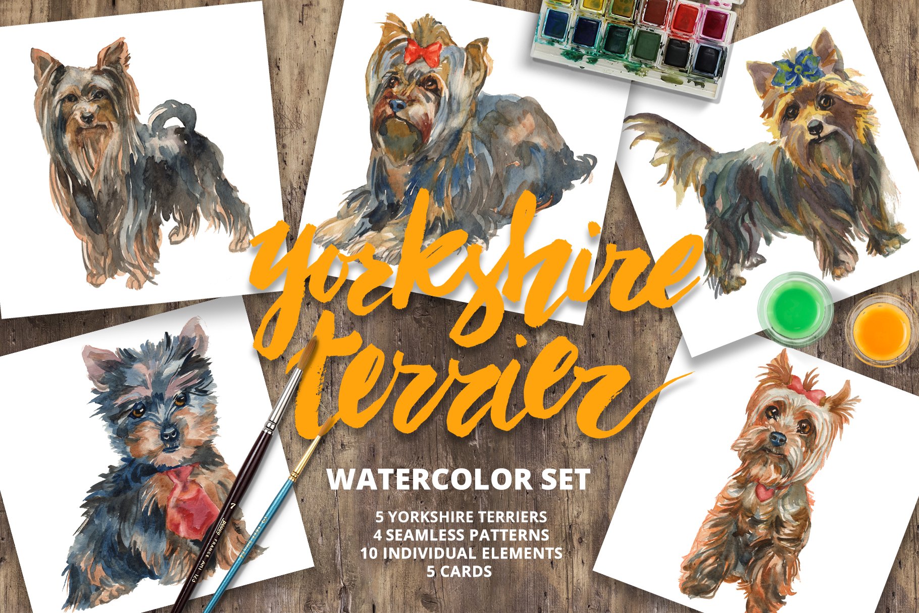 Yorkshire Terrier Watercolor Set.