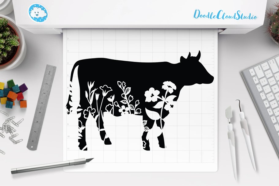 The main image preview of Flower Cow Cut Files.