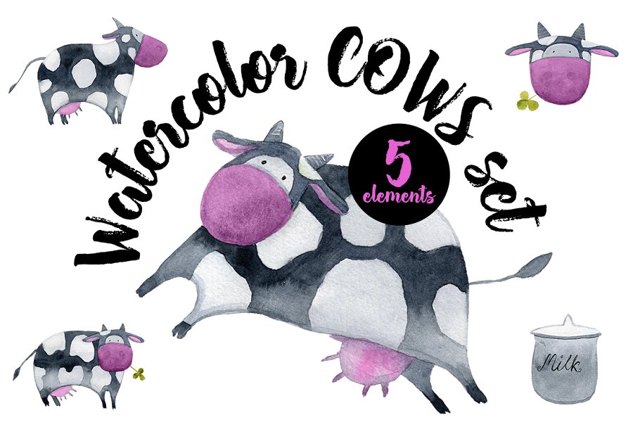 The main image preview of Watercolor Cows Set.