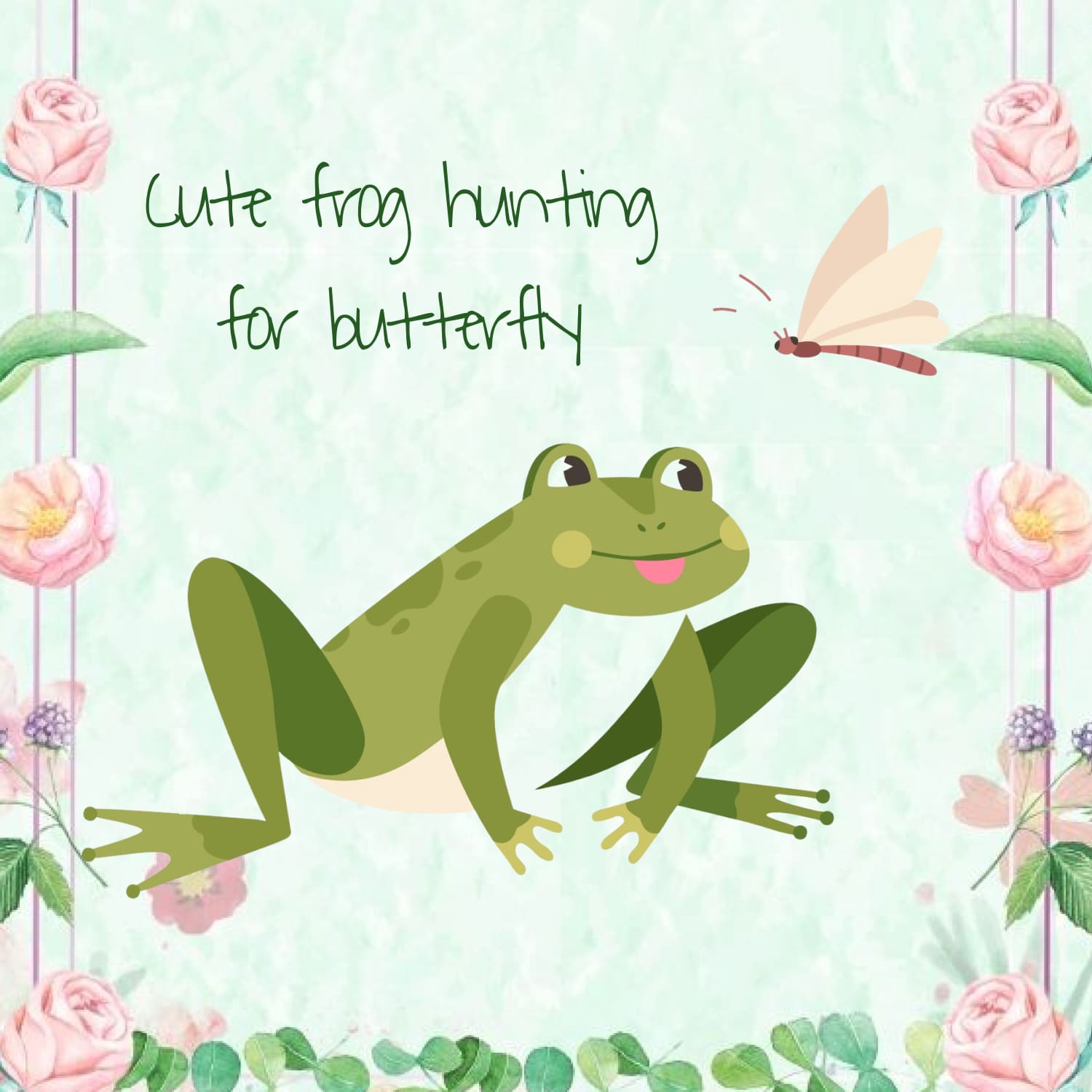 Set of 4 scenes with cute frog hunting for butterfly.
