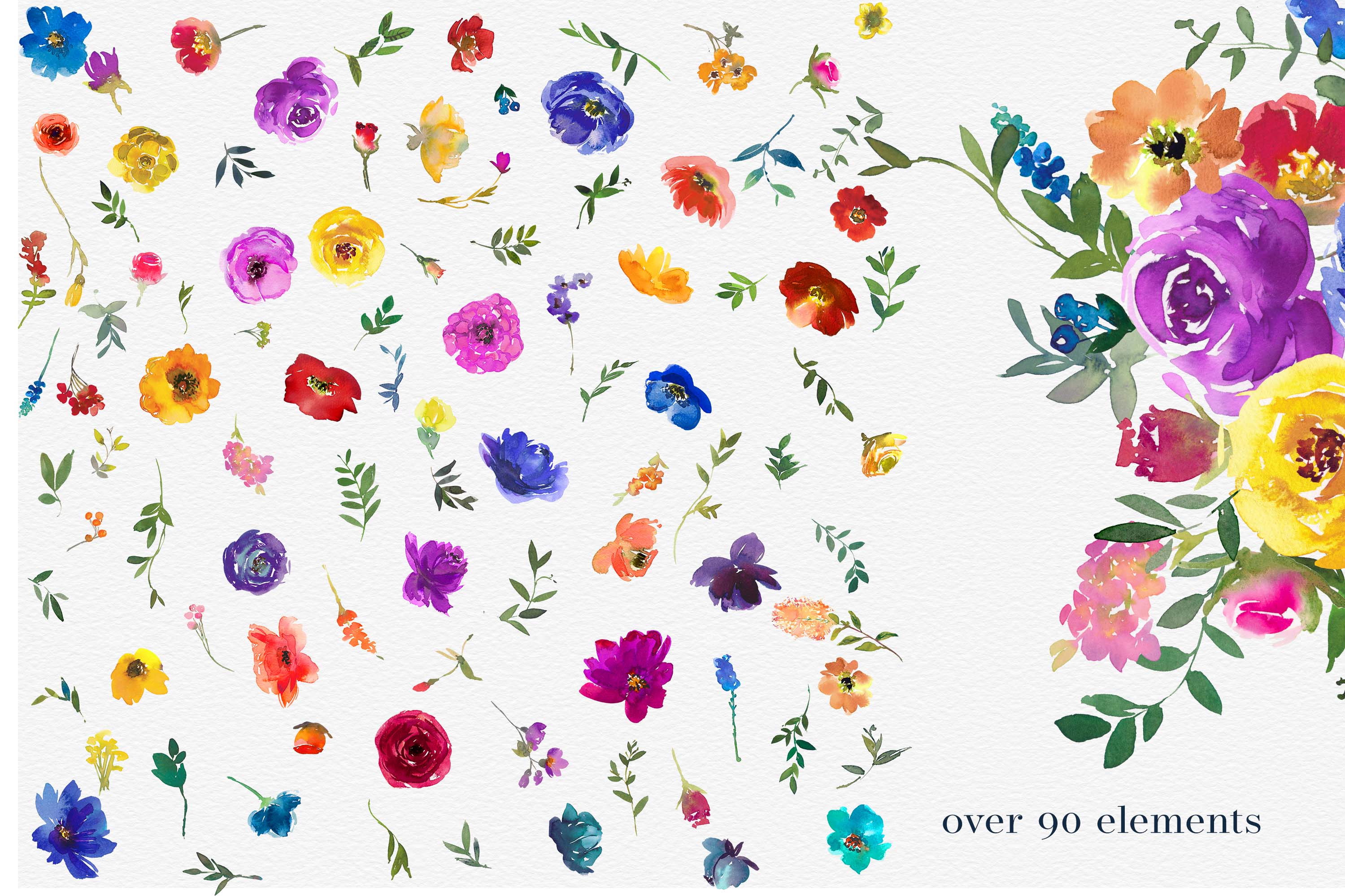 Watercolor Bold Colors Floral Clipart Collection elements.