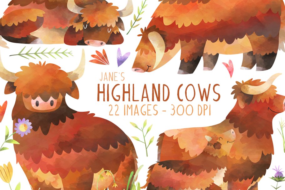 The main image preview of Watercolor Highland Cows Clipart.