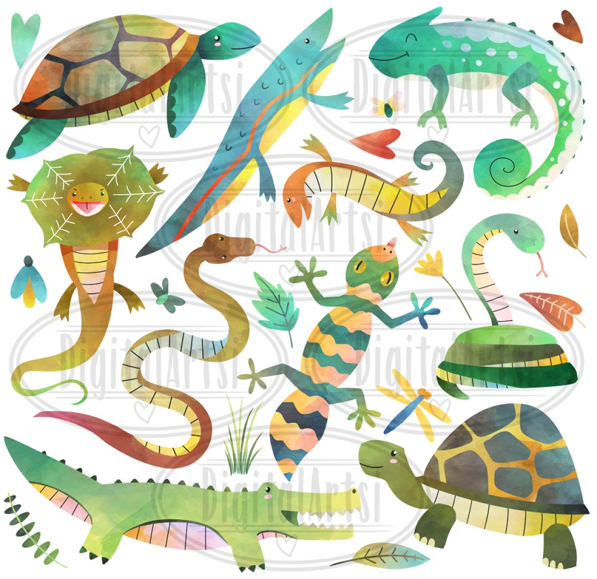 Watercolor Reptiles Clipart.