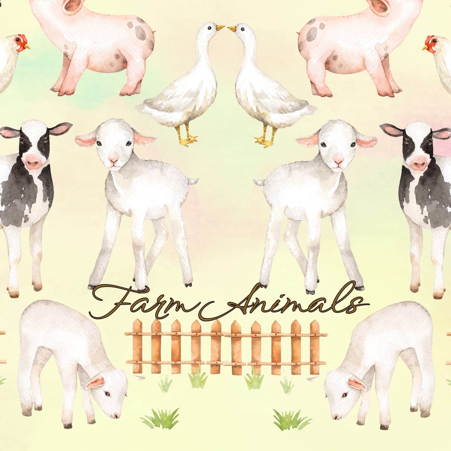 The set of high quality hand painted watercolor farms animals and elements.