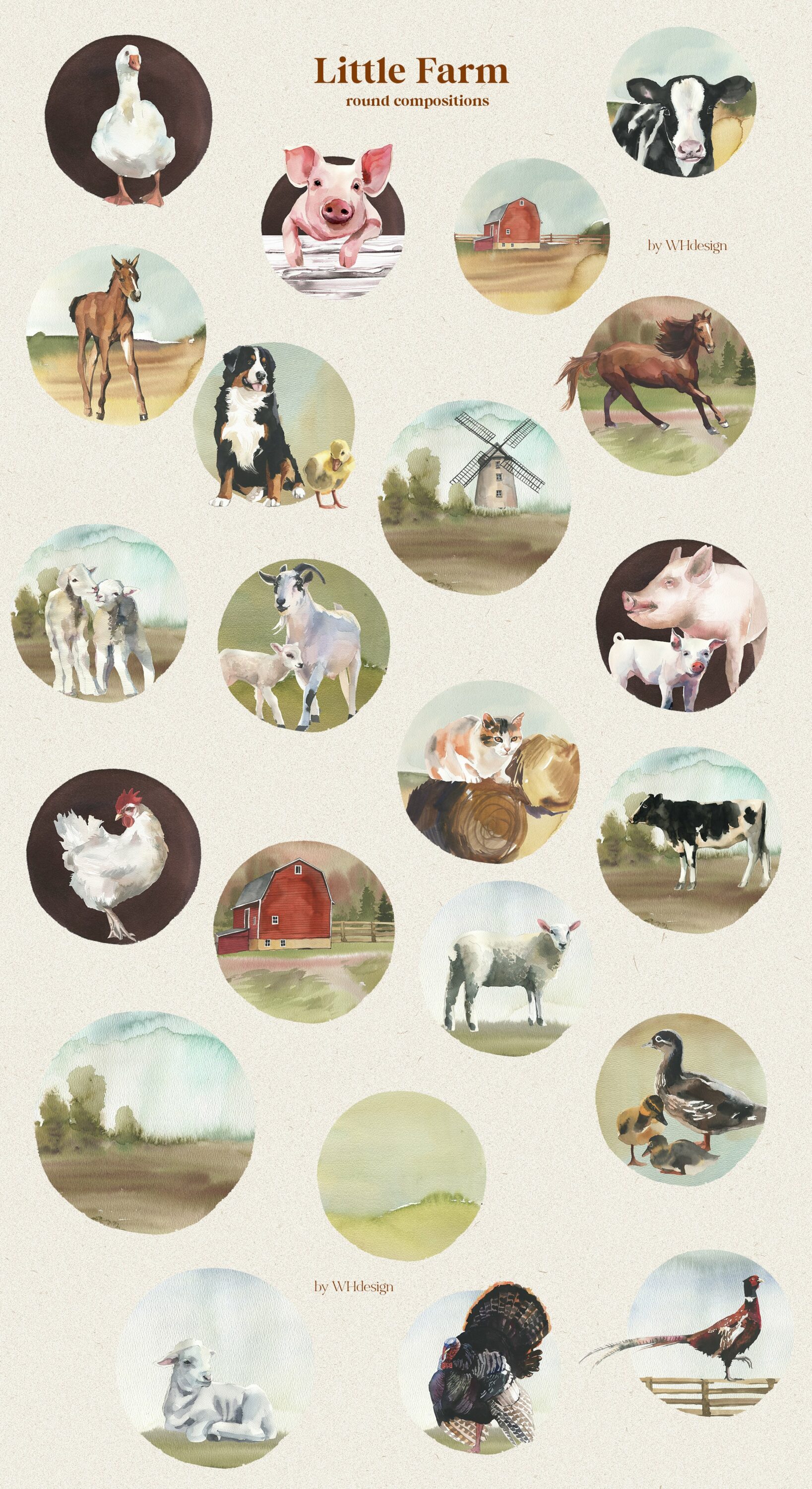 Little Farm Animals Clipart: round compositions.