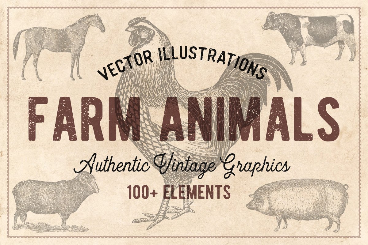 The main image preview of 100 Vintage Farm Animals.