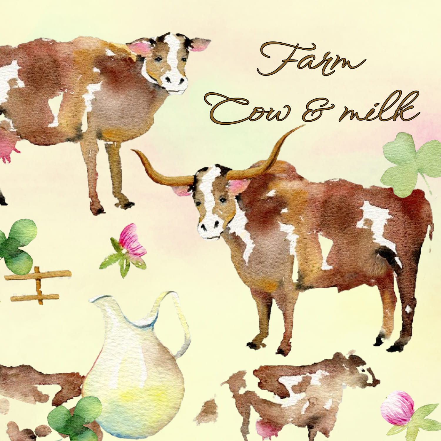 Beautiful set and patterns with isolated watercolor cows, veal and milk products.