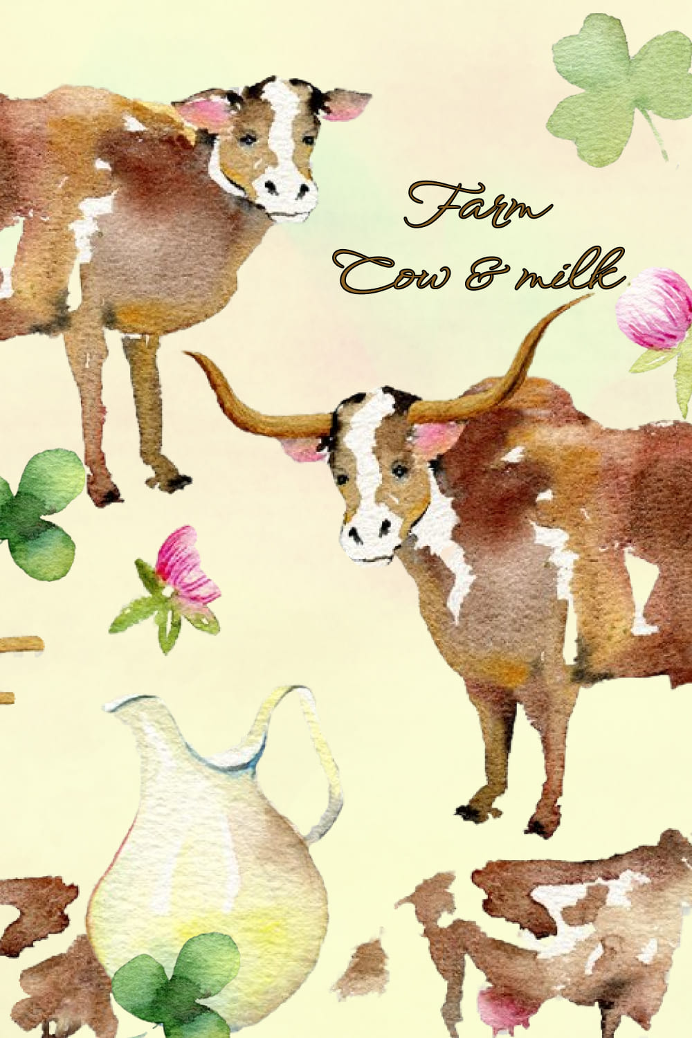 Farm. Cow & Milk. Big Watercolor Set - Pinterest Image Preview.