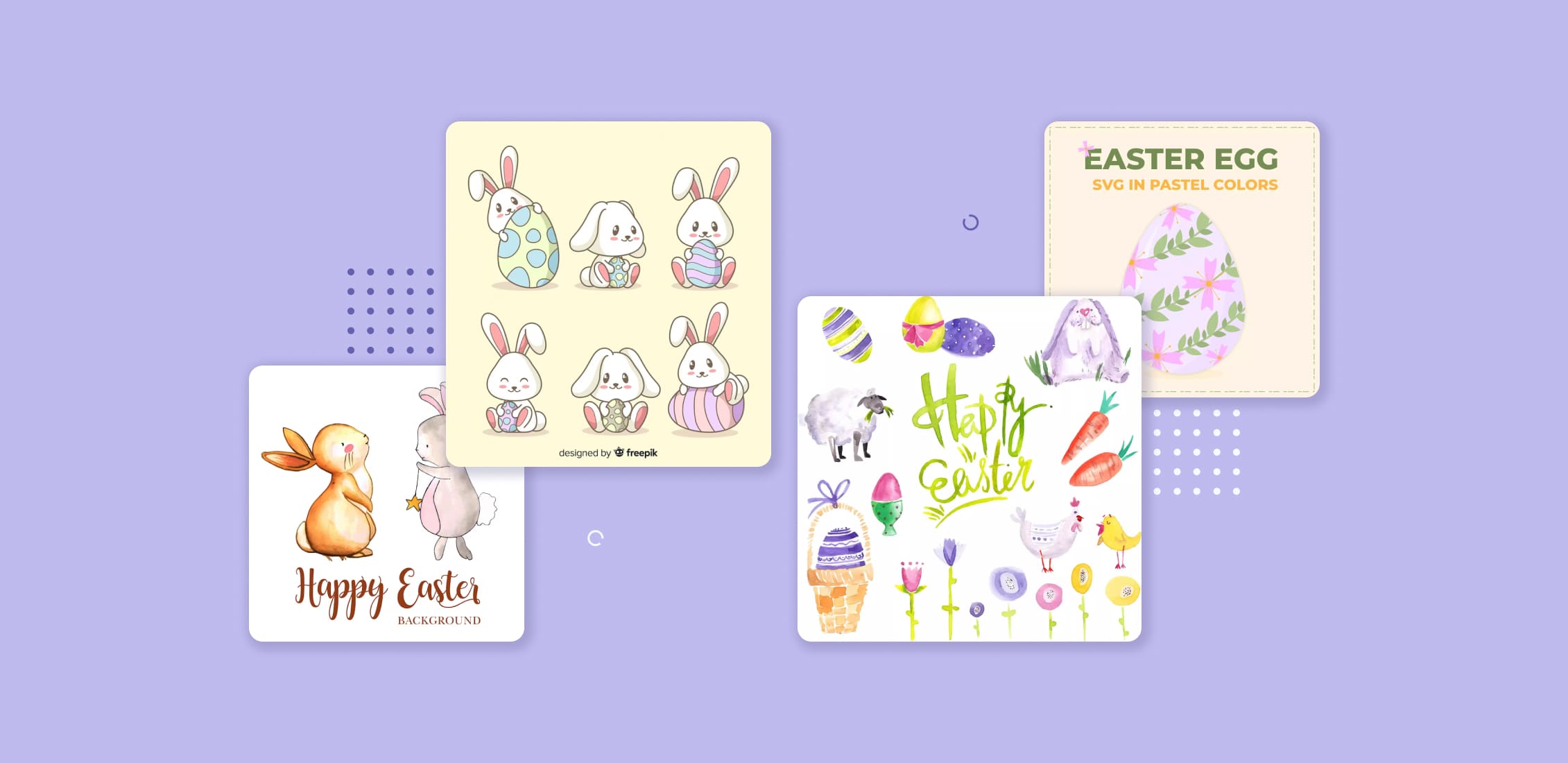 Set of four easter cards on a purple background.