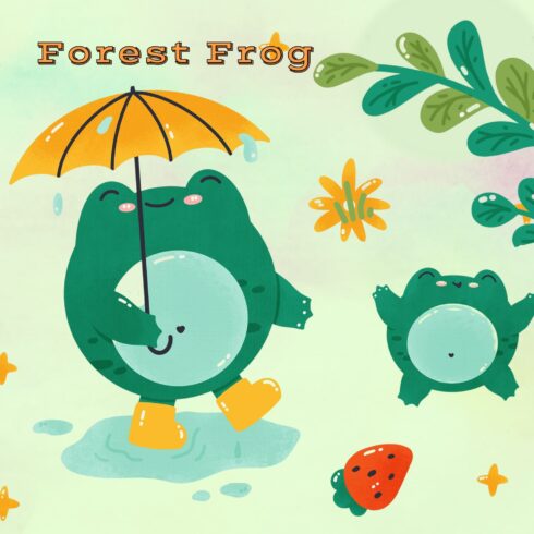 This is a collection of cute frogs with flowers and various plants.