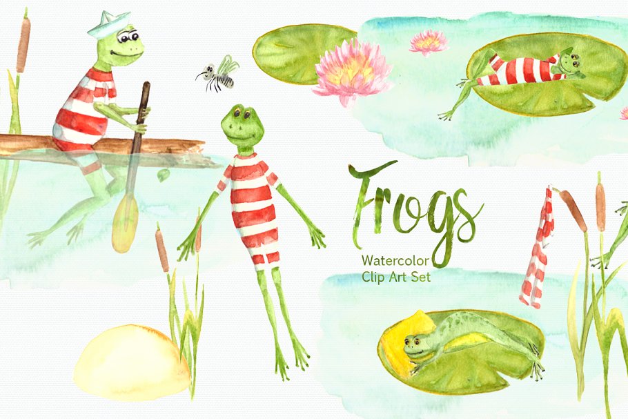 The main image preview of Watercolor Frogs Clip Art Set.