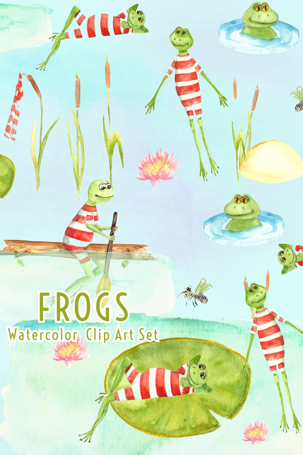 Watercolor Frogs Clip Art Set - Pinterest Image Preview.