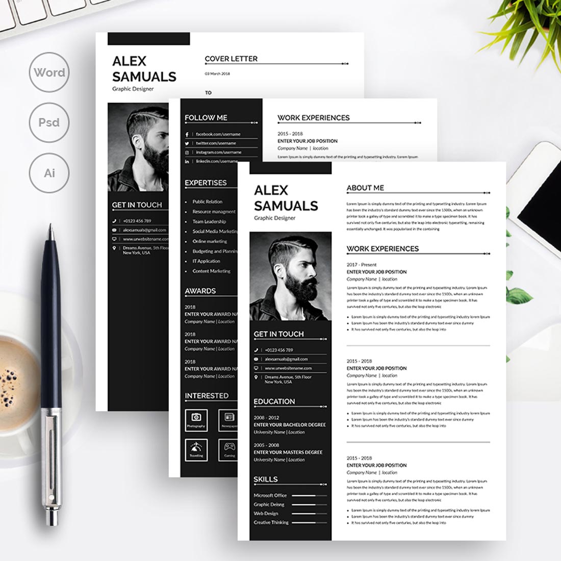 Set of three resume templates on a desk.