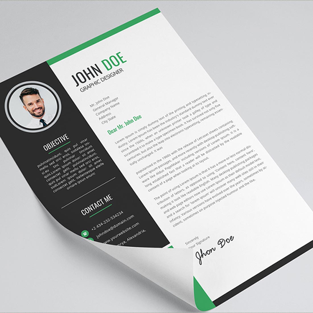 Green and black professional resume template.