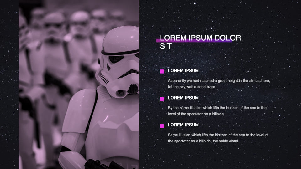 JEDI StarWars Presentation Template is a mobile friendly template with an adaptive design.