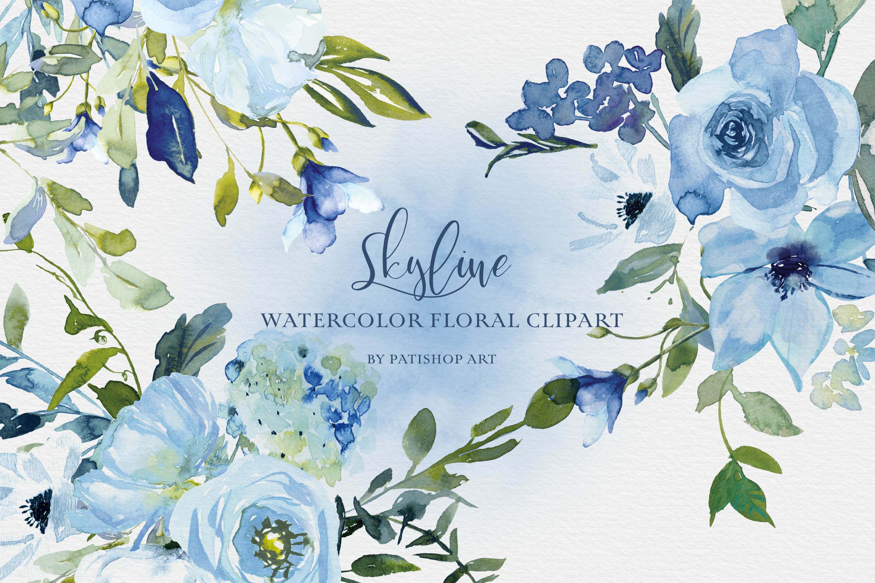 Watercolor Blue Flowers Clipart Collection