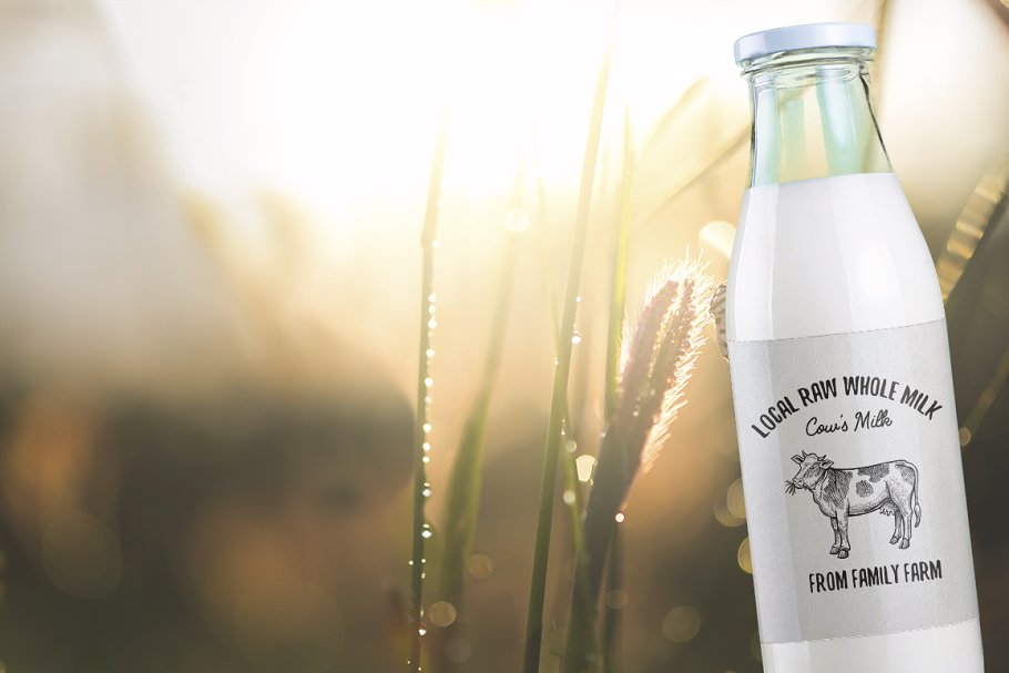 Milk bottle with cow vintage illustration .