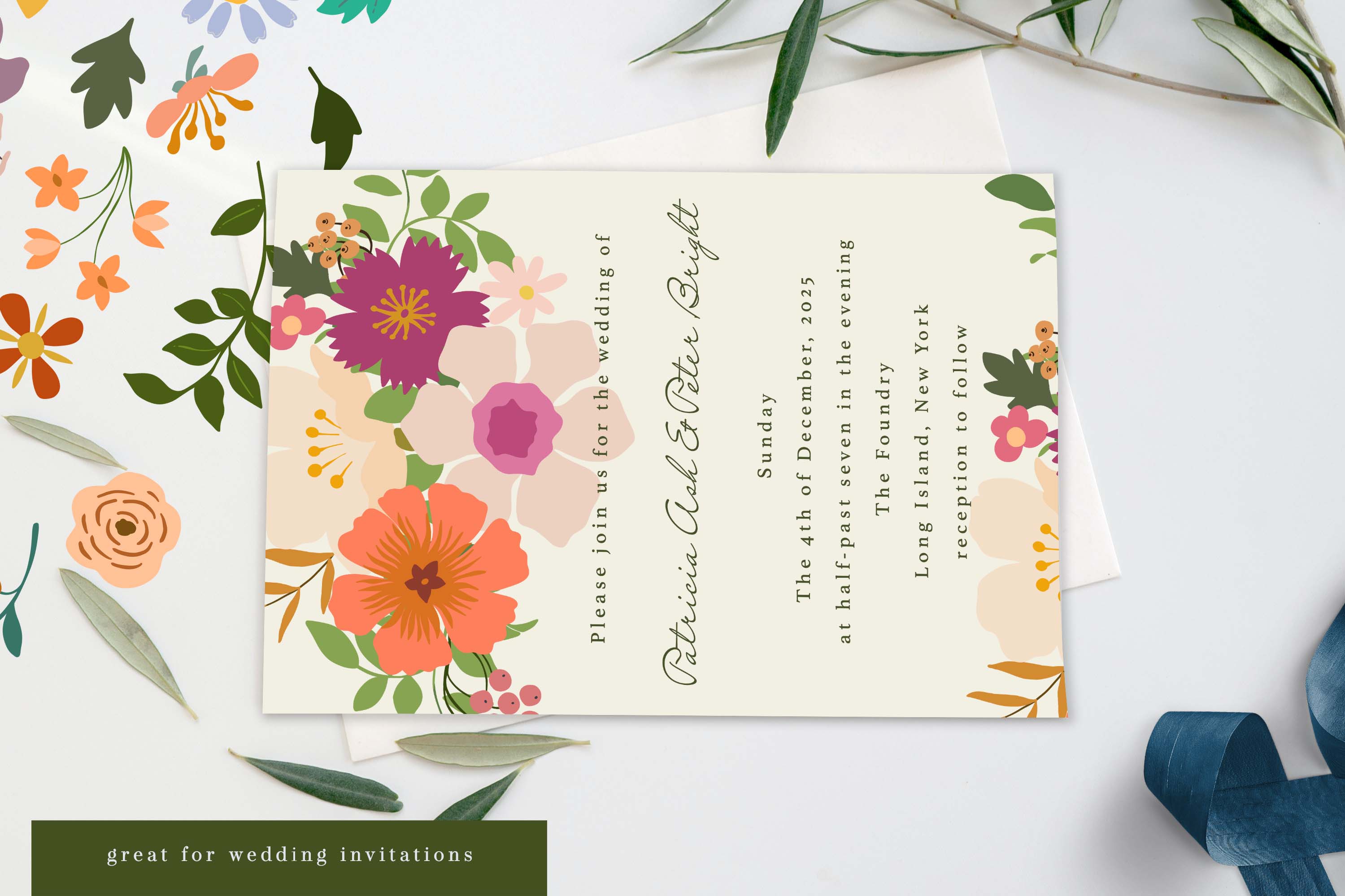 Summer Flowers Digital Floral Clipart wedding invitations.