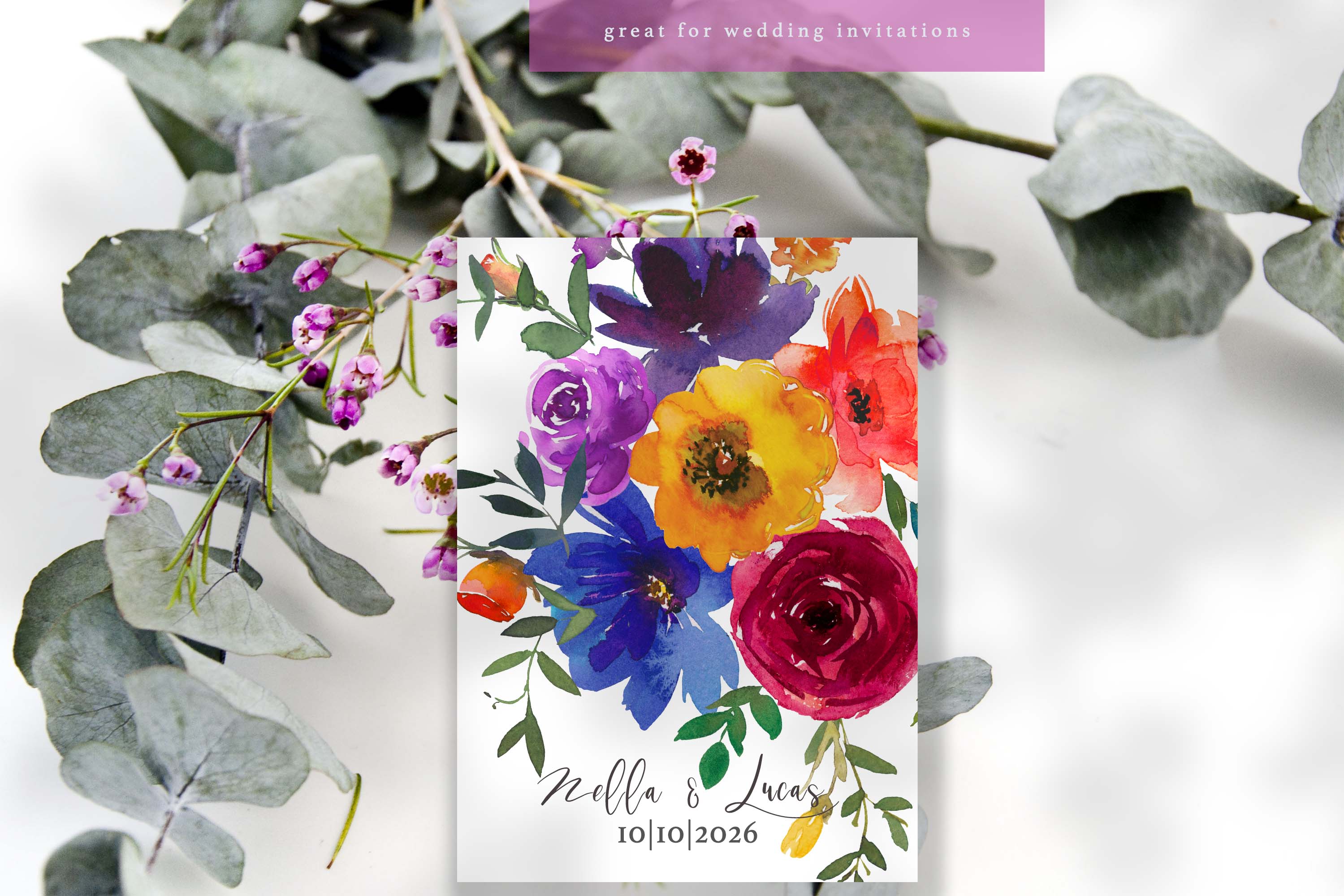Watercolor Bold Colors Floral Clipart Collection mockup.