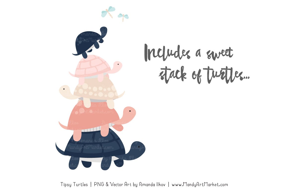 Navy & Blush Turtle Stack Clipart.