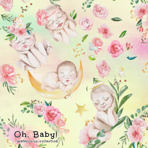 Adorable newborn babies, flowers, design elements, seamless patterns & more.