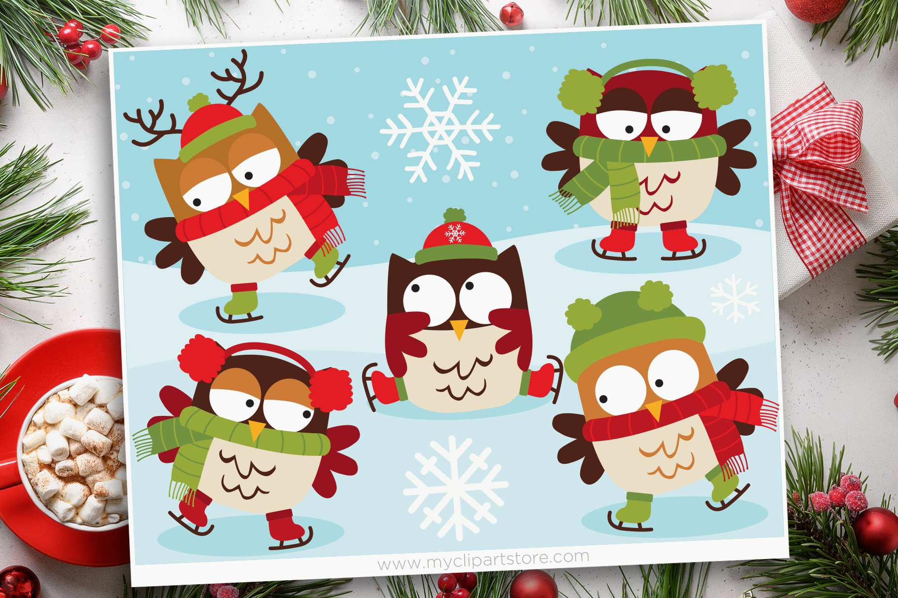 Owls on Skates, Christmas Clipart.