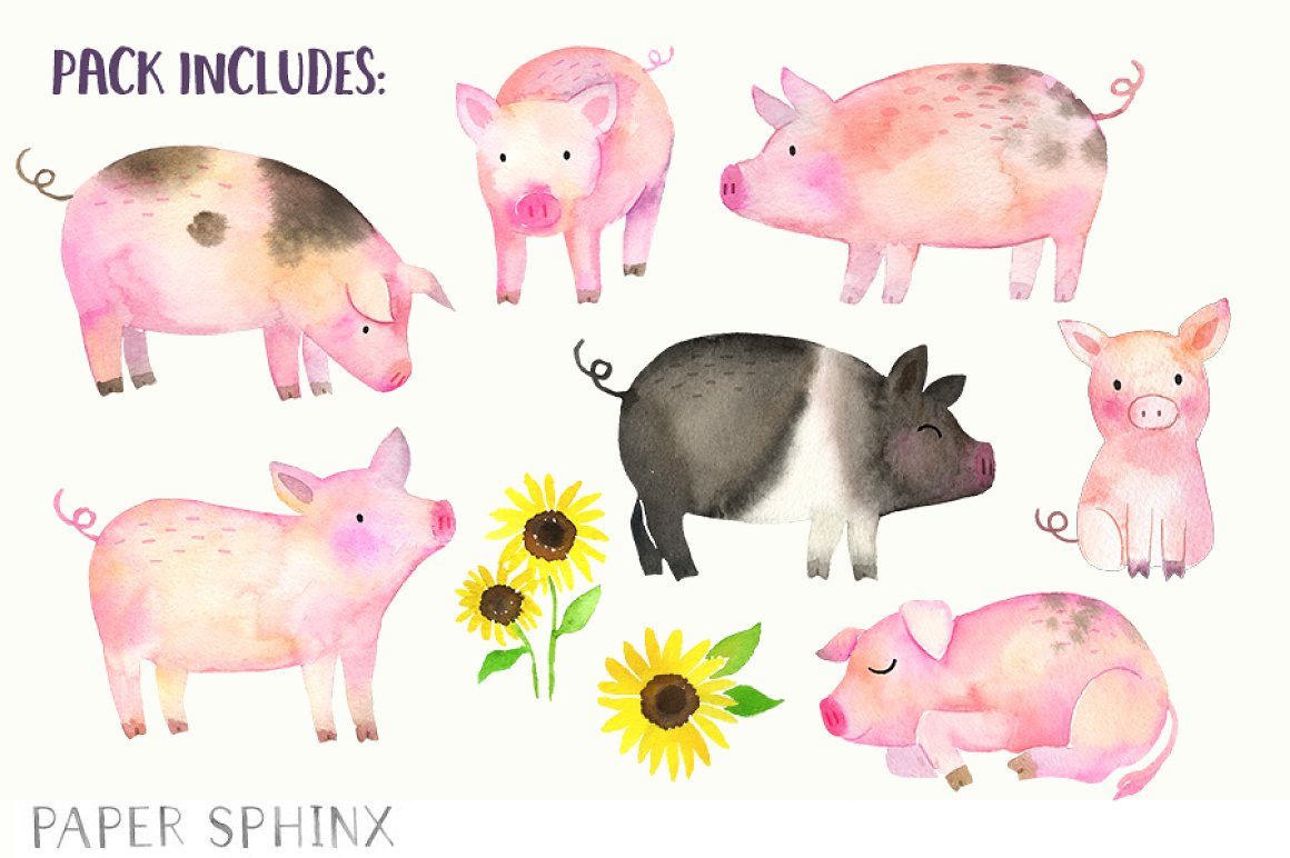 Watercolor Pigs Clipart Pack.