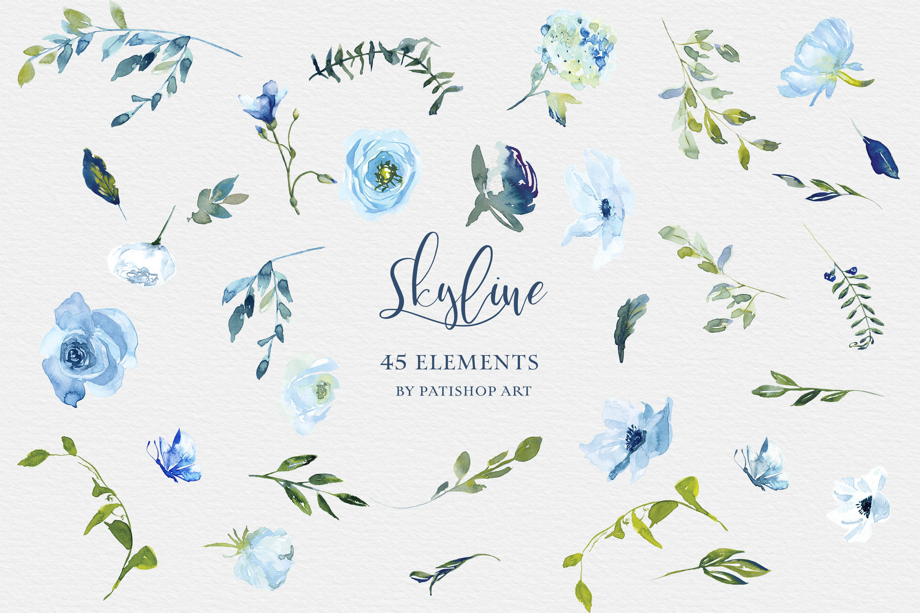 Watercolor Blue Flowers Clipart Collection pattern.