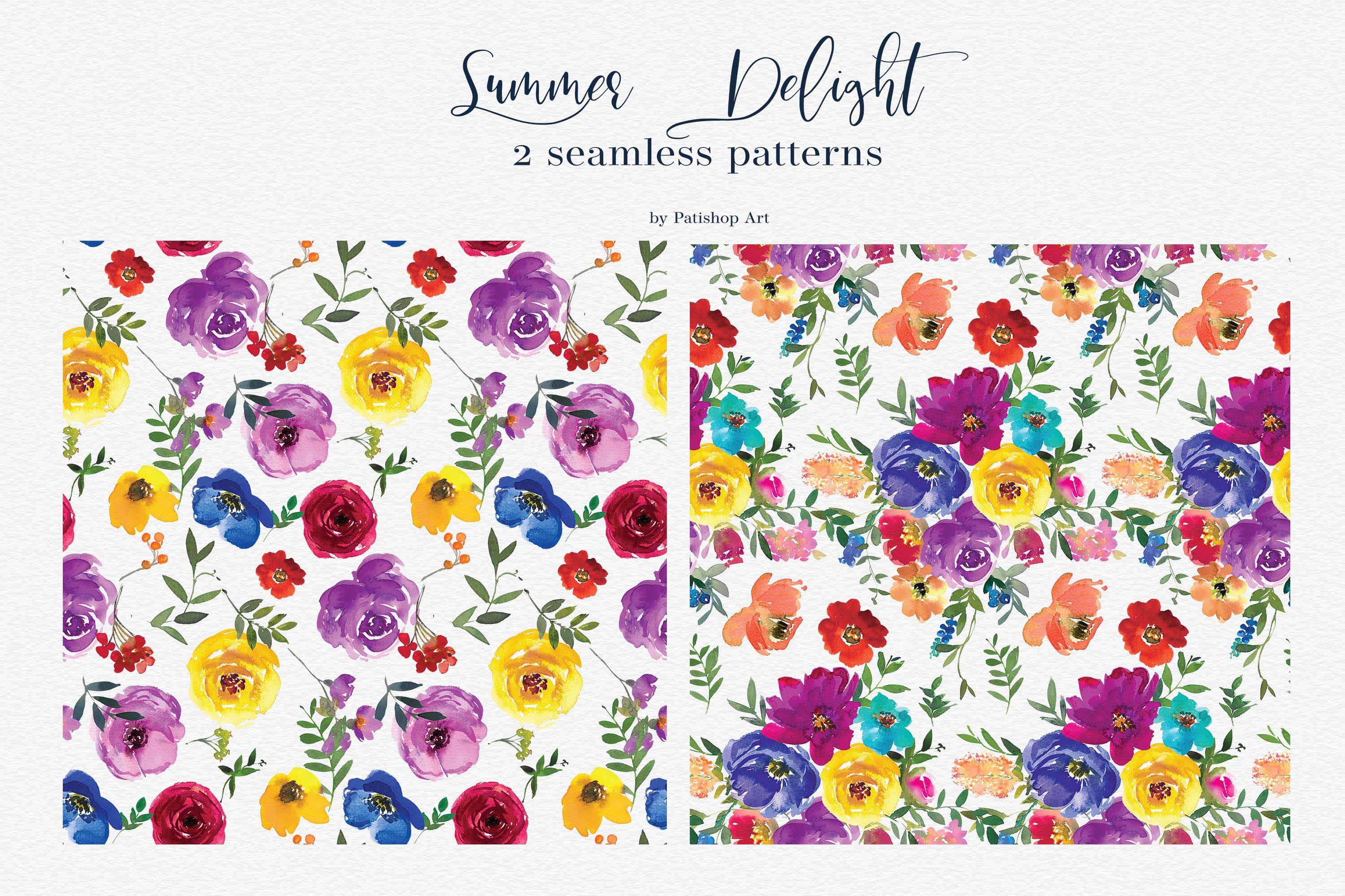 Watercolor Bold Colors Floral Clipart Collection patterns.
