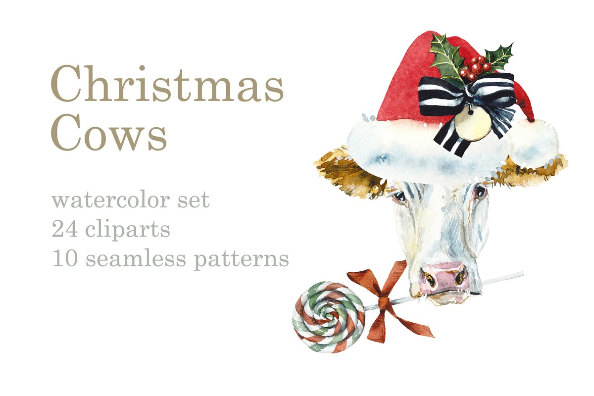 The main image preview of Watercolor Christmas Cows.