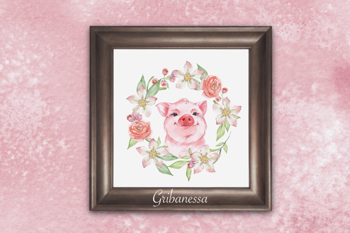 Pig and flowers. Watercolor.