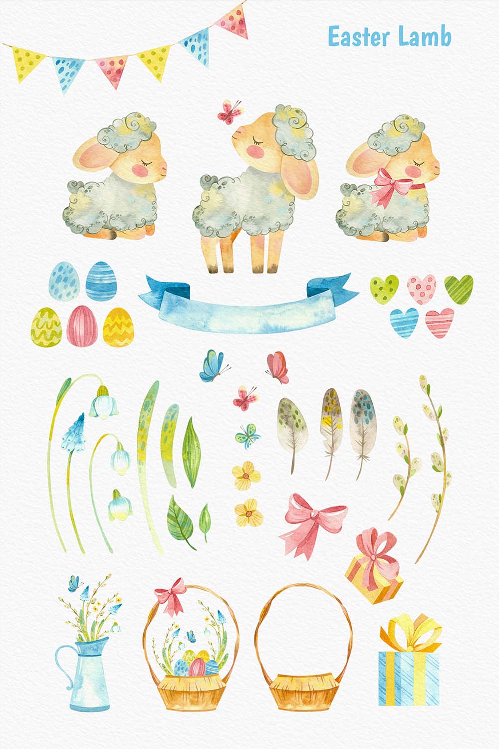 Collage of painted sheep, flowers, baskets, eggs.