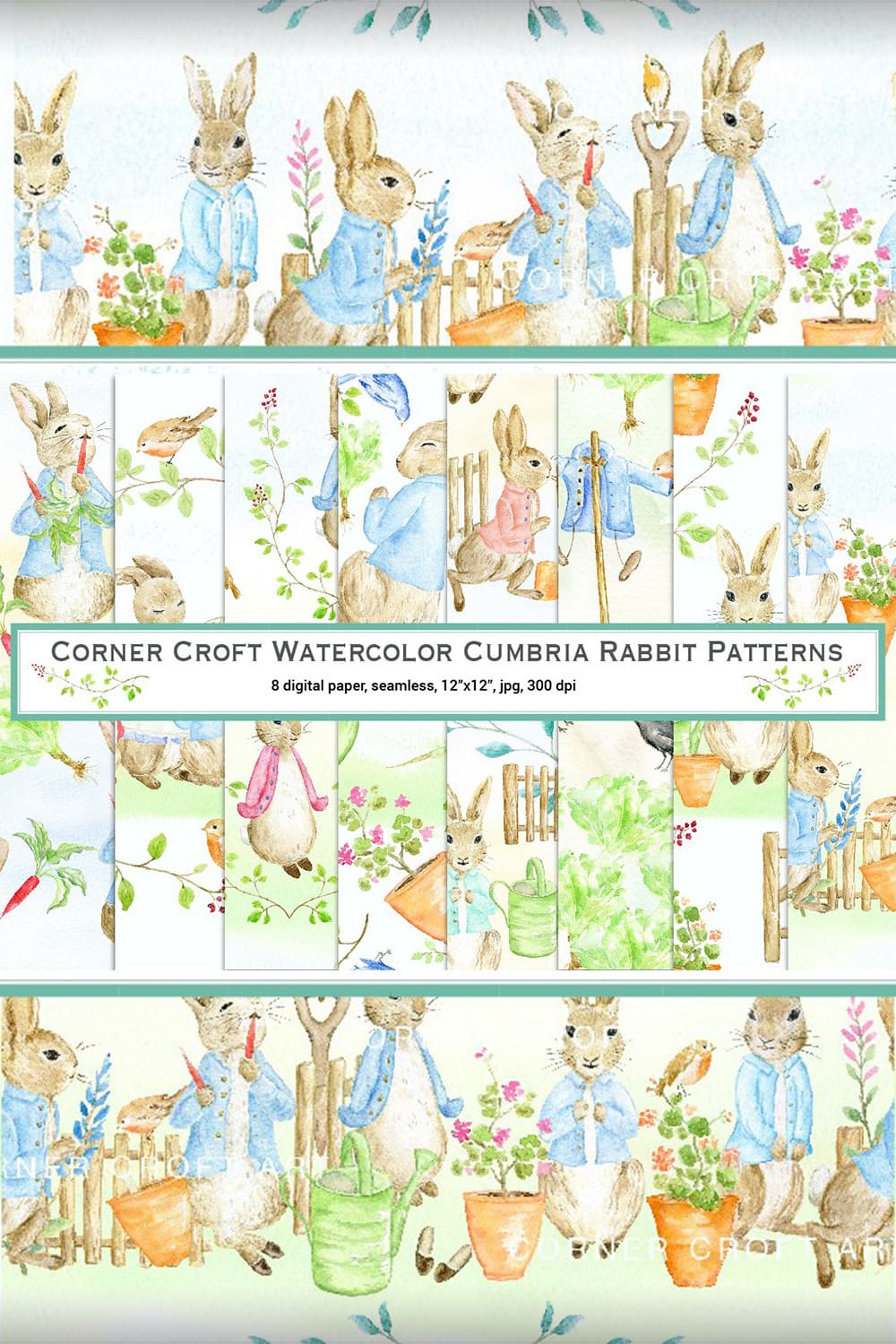 Watercolor Cumbria Rabbit Patterns.