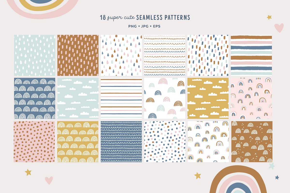 This bundle includes 18 super cute seamless patterns.