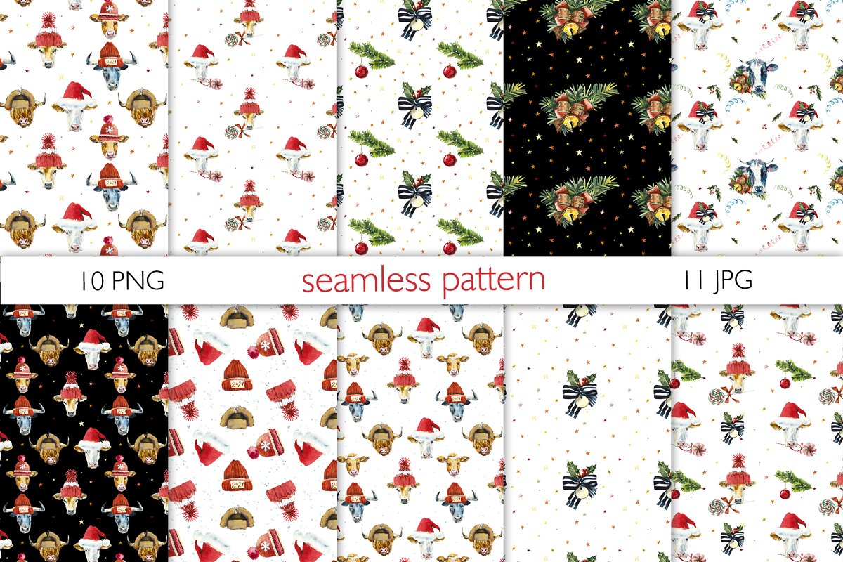 Included 10 christmas seamless pattern and 24 elements.