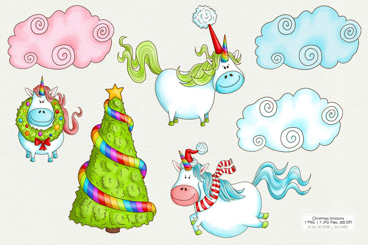 Christmas Unicorns with Cloud & Tree.