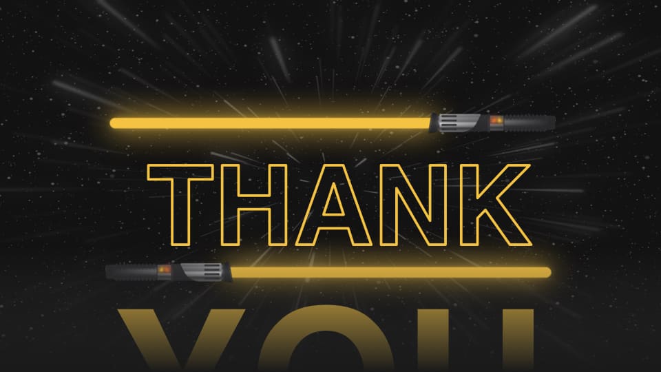 Bright thank you slide on black background yellow backlit font.