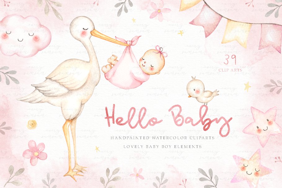 The main image preview of Hello Baby Pink Watercolor Clip Arts.