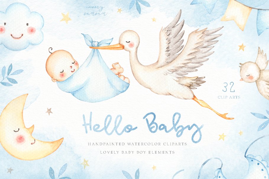 The main image preview of Hello Baby Blue Watercolor Clip Arts.