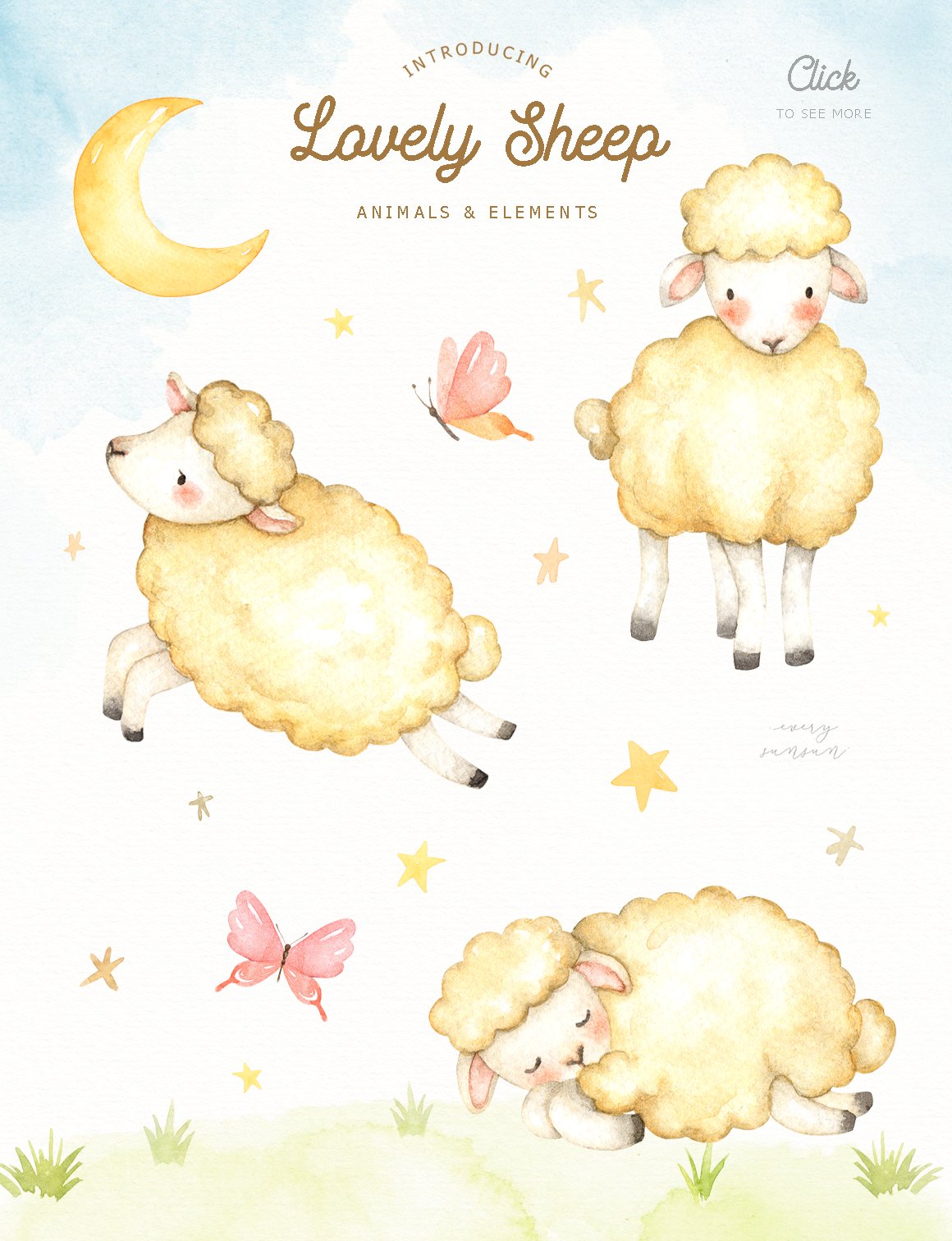 Lovely Sheep Watercolor Clip Art.