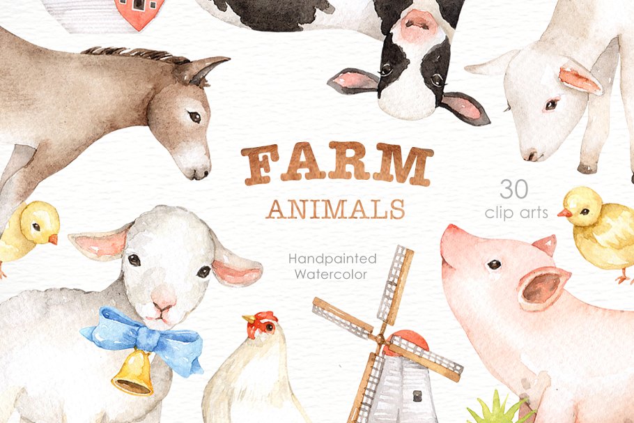 The main image preview of Farm Animals Watercolor clipart.