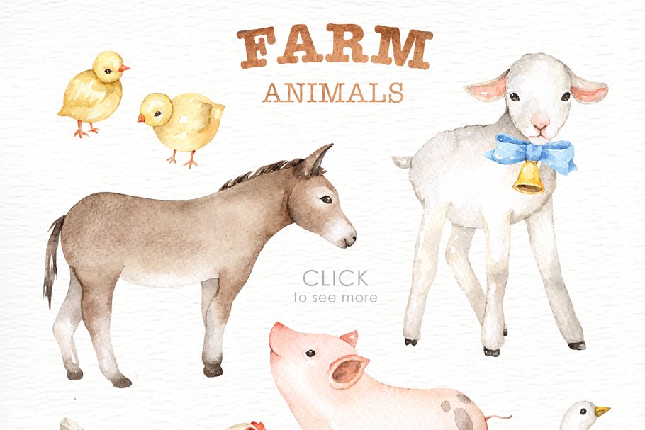 A pig, sheep, goat, chicken, cow and other animal illustrations are included in this set.