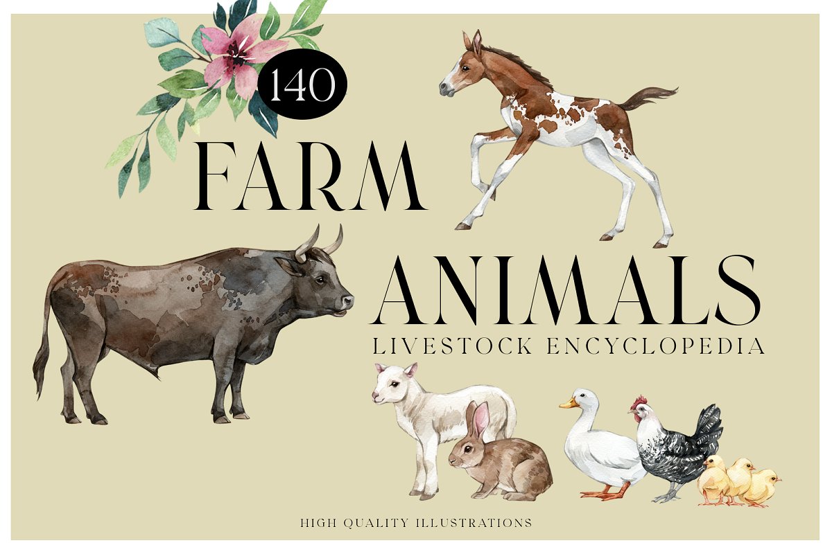 The main image preview of Watercolor encyclopedia of farm animals.