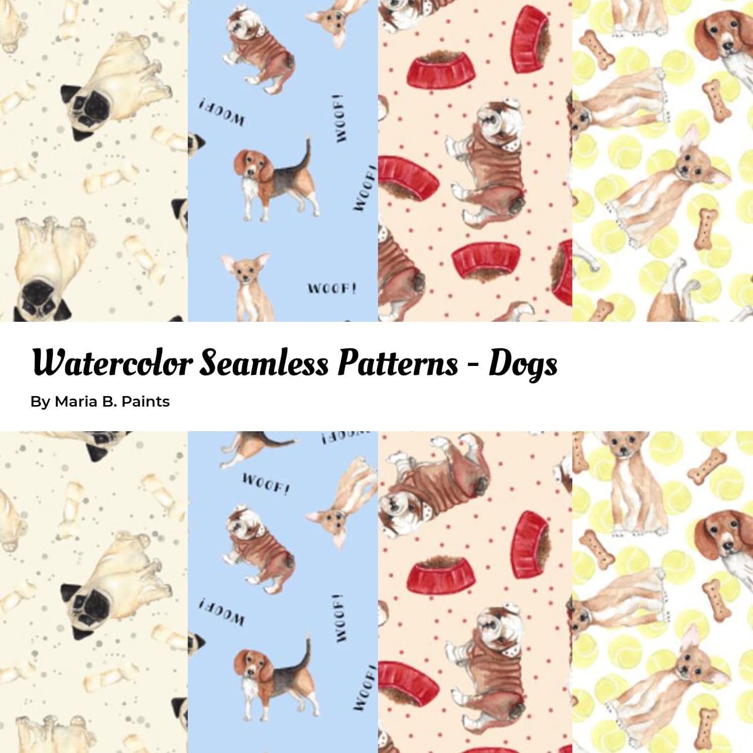 Watercolor Seamless Patterns - Dogs.