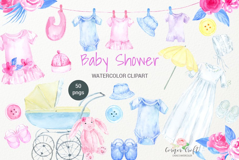 The main image preview of Watercolor Baby Shower Clipart.