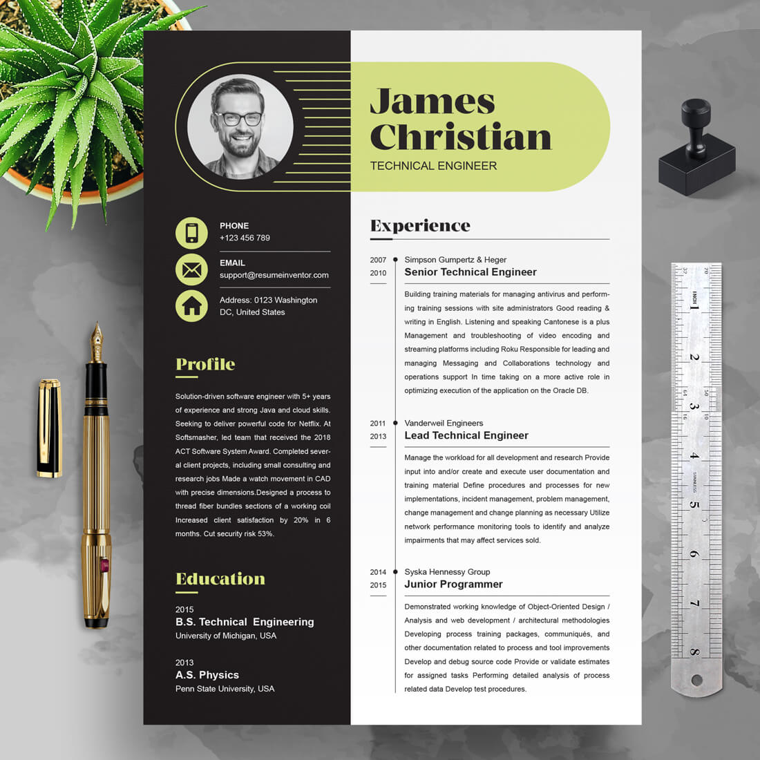 Professional resume template with a green accent.