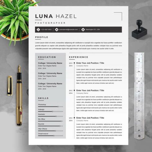 Professional resume template with a pen and a plant.